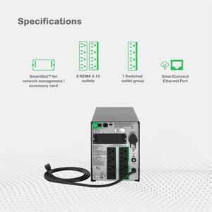 APC Smart-UPS, Line Interactive, 1500VA, Tower, 120V, 8x NEMA 5-15R outlets, SmartConnect Port+SmartSlot, AVR, LCD - Tower