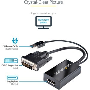StarTech.com DVI to DisplayPort Adapter with USB Power - DVI-D to DP Video Adapter - DVI to DisplayPort Converter - 1920 x