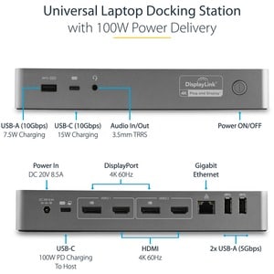 StarTech.com Universal Laptop Docking Station, Hybrid USB-C & USB-A Dock, Dual 4K DP & HDMI, 100W PD, Mac / Windows / Chro