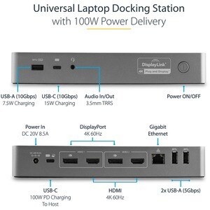 StarTech.com Universal Laptop Docking Station, Hybrid USB-C & USB-A Dock, Dual 4K DP & HDMI, 100W PD, Mac / Windows / Chro