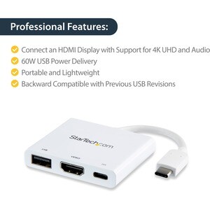USB-C TO 4K HDMI MULTIFUNCTION ADAPTER WITH POWER DELIVERY AND USB-A PORT - WHITE
