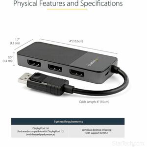 StarTech.com 3-Port Multi-Monitor DisplayPort Adapter, DP auf 3x DisplayPort 1.4 Splitter, Dreifach 4K MST Hub, USB Betrie