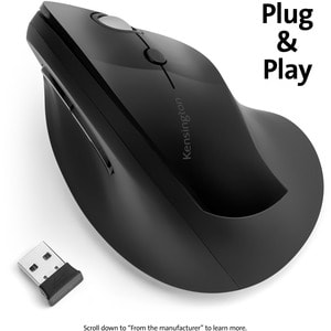 Kensington Pro Fit Ergo Vertical Wireless Mouse - Wireless - Radio Frequency - Black - USB - 1600 dpi - Scroll Wheel - 6 B