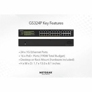 Netgear Business GS324 Ethernet Switch - 24 Ports - Gigabit Ethernet - 10/100/1000Base-T - 2 Layer Supported - 11.10 W Pow