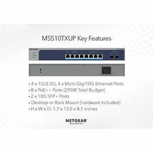 Netgear Business MS510TXUP Ethernet Switch - 8 Ports - Manageable - 2.5 Gigabit Ethernet, 10 Gigabit Ethernet - 2.5GBase-T