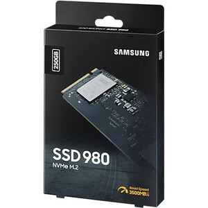 Samsung 980. SSD capacity: 250 GB, SSD form factor: M.2, Read speed: 2900 MB/s, Write speed: 1300 MB/s, Component for: PC