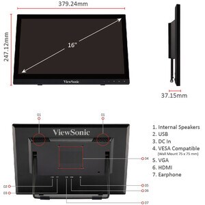 ViewSonic TD1630-3 LCD Touchscreen Monitor - 16:9 - 12 ms - 39.6 cm (15.6") Viewable - Multi-touch Screen - 1366 x 768 - H