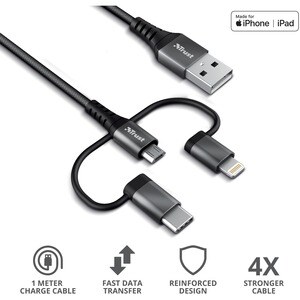 Trust Keyla 1 m Lightning/Micro-USB/USB/USB-C Data Transfer Cable for Computer, Phone, Digital Text Reader, Notebook, iPad