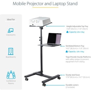 StarTech.com Mobile Projector and Laptop Stand/Cart, Heavy Duty Portable Projector Stand/Presentation Cart (22lb/shelf), H