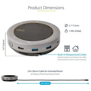 StarTech.com USB-C Speakerphone Docking Station, Mini Portable Conference Speaker/Audio Dock, VGA/4K HDMI, USB Hub, Teams/