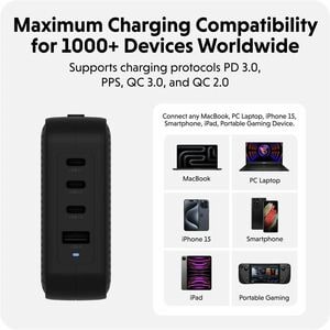 Adaptateur secteur Hyper HyperJuice - 100 W - 1 USB - 3 USB Type-C - Pour Ordinateur Portable, Smartphone, Tablette PC, Ca