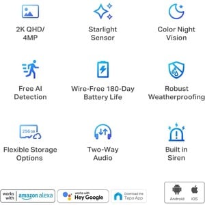 Tapo Smart Wire-Free Security Camera System, 2-Camera System - Camera, Base Station - 2560 x 1440 Camera Resolution - 2K R