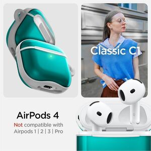 Spigen Classic C1 Charging Case Apple AirPods 4 - Bondi Blue - Polycarbonate Body - Carabiner Clip - 50.3 mm Height x 63 m