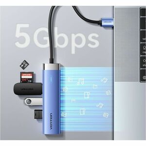 Vention USB/Ethernet Combo Hub - USB Type C - 640 MB/s - Tablet, Notebook, Keyboard, Mouse, Flash Drive, Printer - Blue - 