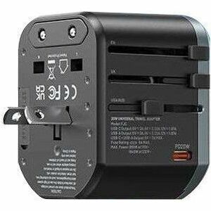 Vention FJC 1.84 kW AC Adapter - Box - Universal Adapter - 1 USB - 2 USB Type-C - 120 V AC, 230 V AC Input - 5 V DC, 9 V D
