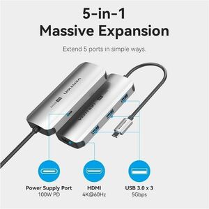 Vention USB Type C Docking Station for Notebook, Smartphone, Tablet PC, Projector, TV - Charging Capability - Grey - 4K @