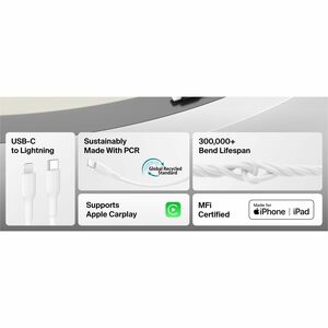 Belkin USB-C Cable with Lightning Connector, 3.3ft/1m, White - 3.3 ft (1 m) Lightning/USB-C Data Transfer Cable for iPhone
