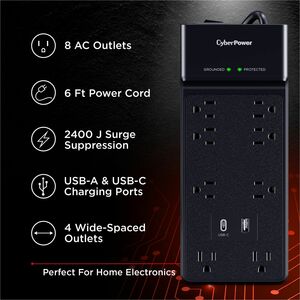 CyberPower CSP806UC18 Home Office 8 - Outlet Surge Protector with 2400 J Surge Suppression - Clamping Voltage 800V, 6 ft C