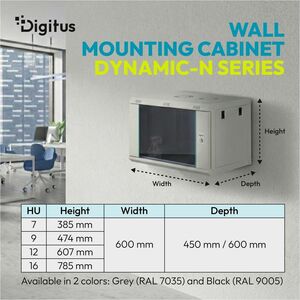 Digitus Dynamic-N 7U Wandmontierbar Geschlossener Schrank Rackschrank für Networking, Server - Hellgrau - Stahl, Glas, Ble