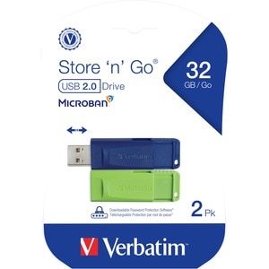 Microban 32GB Store 'n' Go USB Flash Drive - 2pk - Blue, Green - 32 GB - USB 2.0 Type A - Blue, Green - Lifetime Warranty 