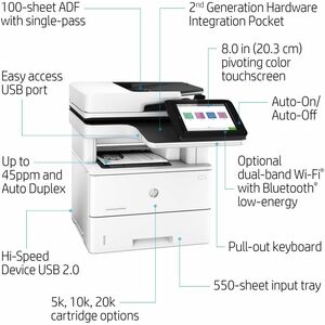 Print, copy, scan and optional fax; Up to 43 ppm; As fast as 6 sec; Up to 150,000 pages; 1 Hi-Speed Device USB 2.0; 2 Hi-S