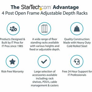 StarTech.com 4-Post 15U Mobile Open Frame Server Rack, 19" Network Rack with Casters, Rolling Rack for Computer/AV/Data/IT
