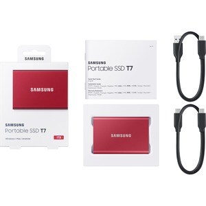 Samsung T7 MU-PC1T0R/WW 1 TB Portable Solid State Drive - External - PCI Express NVMe - Metallic Red - Gaming Console, Des
