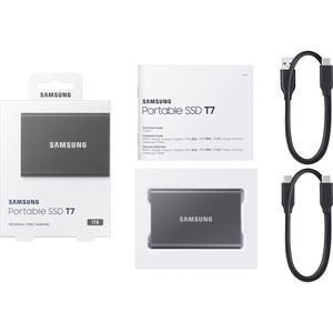  SSD Externe T7 Samsung 1To Gris titane MU-PC1T0T, vitesse de lecture jusqu'à 1050 Mo/s, résiste aux chutes jusqu'à 2m