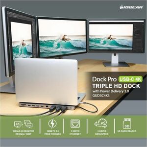 IOGEAR Dock Pro USB-C Triple HD Dock - for Tablet, Workstation, Notebook, Monitor - Charging Capability - Memory Card Read