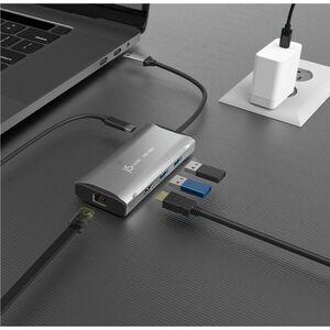 j5create Estação de ancoragem para Notebook - 100 W Fonte de alimentação - Cinzento - 4K - 3840 x 2160 - 2 x Portas USB ti