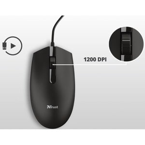 Trust Basi Mouse - USB 2.0 - Optical - 3 Button(s) - Black - Cable - 1200 dpi - Scroll Wheel - Symmetrical