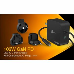 j5create 102 W AC Adapter - 1 Pack - Universal Adapter - 2 USB Type-C - For Headphone, Notebook, Portable Gaming Console, 
