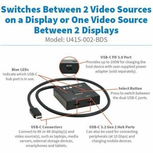 Eaton Tripp Lite Series 2x1 Bi-Directional USB-C Switch - 8K 60 Hz Video, HDCP Passthrough, USB 3.2 Gen 2, 100W PD Chargin