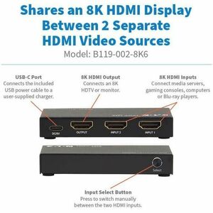 Tripp Lite series 2-Port HDMI Switch with Remote Control - 8K 60 Hz, UHD, 4:4:4, HDR10+, HDCP 2.3 - 7680 x 4320 - 8K, 4K -