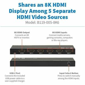 Tripp Lite series 5-Port HDMI Switch with Remote Control - 8K 60 Hz, UHD, 4:4:4, HDR10+, HDCP 2.3 - 7680 x 4320 - 8K, 4K -