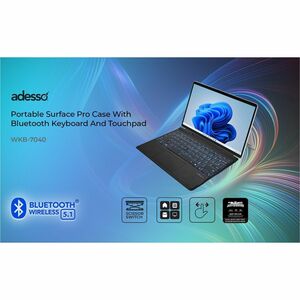 Adesso Bluetooth keyboard for Microsoft Surface Pro X 8/9/10/11 - Aluminum Body - 0.3" Height x 8.9" Width x 11.4" Depth
