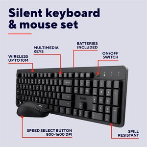 Trust Ody II Keyboard & Mouse - Spanish - USB 3.0 Membrane Wireless RF 2.40 GHz Keyboard - Keyboard/Keypad Color: Black - 