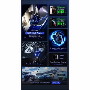VENTION TWO-PORT USB-C + A (30W + 18W) CAR CHARGER BLACK ABS