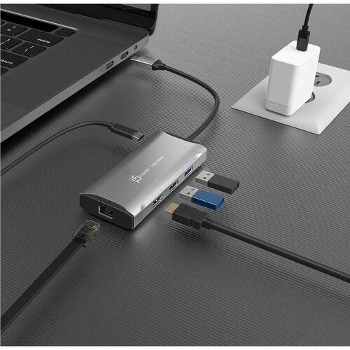 j5create USB 3.2 Gen 1 (3.1 Gen 1) Type-C Docking Station for Notebook - 100 W Power Supply - Grey - 4K - 3840 x 2160 - 2 