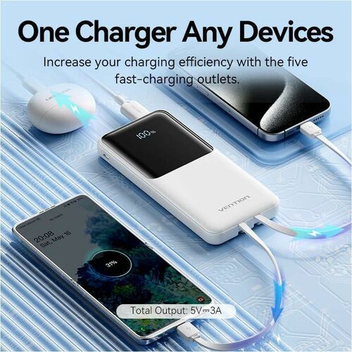 Vention FHO Power Bank - White - For Smartphone, iPhone - 10000 mAh - 22.50 W - 3 A, 2.22 A, 1.67 A, 2 A, 2.25 A, 1.50 A, 