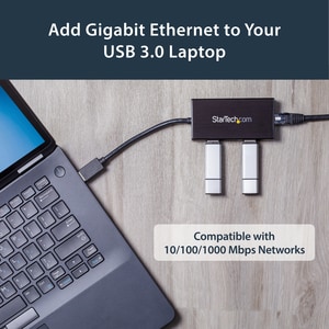 StarTech.com 3 Port Portable USB 3.0 Hub with Gigabit Ethernet Adapter NIC - 5Gbps - Aluminum w/ Cable - Add 3 external US