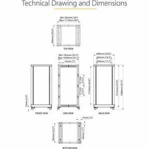 StarTech.com 4-Post 25U Mobile Open Frame Server Rack, 19in Network Rack with Casters, Rolling Rack for Computer/AV/Data/I