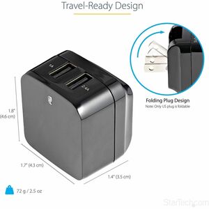 StarTech.com Travel USB Wall Charger - 2 Port - Black - Universal Travel Adapter - International Power Adapter - USB Charg