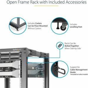 StarTech.com 4-Post 12U Mobile Open Frame Server Rack, 19" Network Rack with Casters, Rolling Rack for Computer/AV/Data/IT