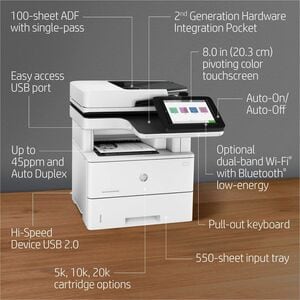 Print, copy, scan and optional fax; Up to 43 ppm; As fast as 6 sec; Up to 150,000 pages; 1 Hi-Speed Device USB 2.0; 2 Hi-S