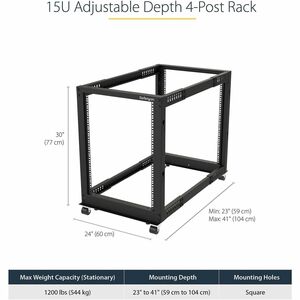 StarTech.com 4-Post 15U Mobile Open Frame Server Rack, 19" Network Rack with Casters, Rolling Rack for Computer/AV/Data/IT