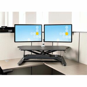 StarTech Corner Sit Stand Desk Converter, Keyboard Tray, 35"x21" Surface, Height Adjustable Ergonomic Tabletop Standing De