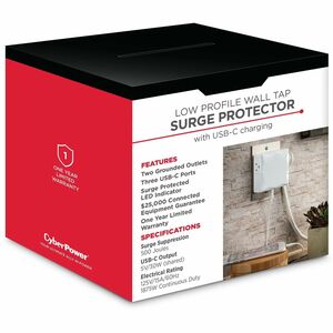 CyberPower P2WUC3 Home Office 2 - Outlet Surge Protector with 500 J Surge Suppression - Clamping Voltage 900V, NEMA 5-15P,