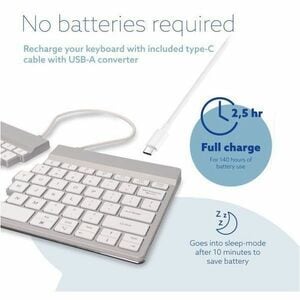 R-Go Split Break Keyboard - Compact - Wireless Connectivity - USB Type C Interface - English (US) - QWERTY Layout - White 