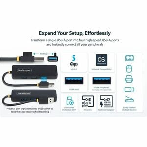StarTech.com Hub USB-A 4 Ports, 5Gbps, Alimenté par Bus, Mini Hub USB de Voyage, Splitter USB 3.0 Multiport, Hub USB Porta
